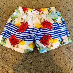 Antica Santoria boys Italian print fish, lemons, pepper and garlic) swim trunks